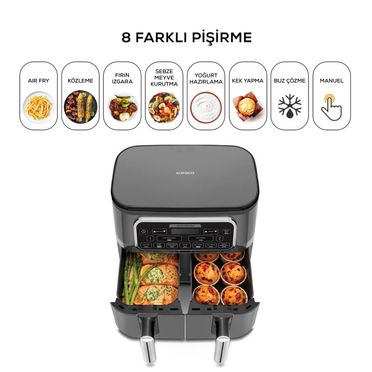 سرخکن بدون روغن دو مخزنه ۸ نفره کاراجا ترکیه مدل Air Pro Cook Duo Köz XXXL + چایساز Glass Tea ( هدیه )