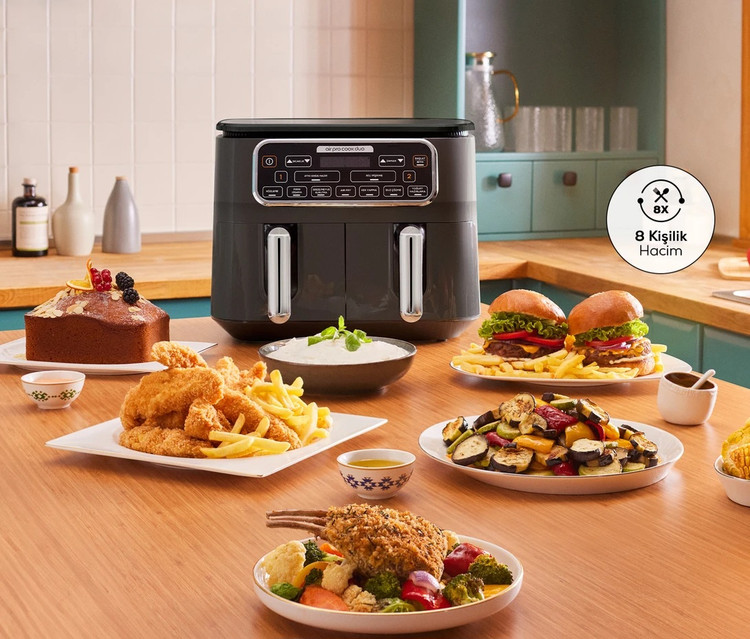 سرخکن بدون روغن دو مخزنه ۸ نفره کاراجا ترکیه مدل Air Pro Cook Duo Köz XXXL + چایساز Glass Tea ( هدیه )