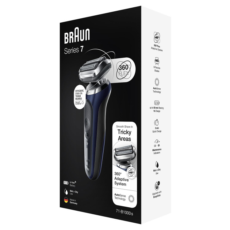 ماشین اصلاح براون آلمان سری 7 جدید مدل B1000s، شارژی، با فناوری AutoSense، انعطافپذیری 360 درجه، EasyClick، مناسب برای استفاده مرطوب و خشک