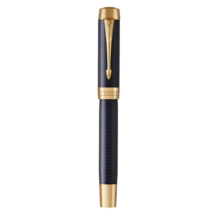 خودنویس Paker Duofold Prestige مدل Blue Chevron با طراحی طلایی، نوک ظریف، جوهر مشکی