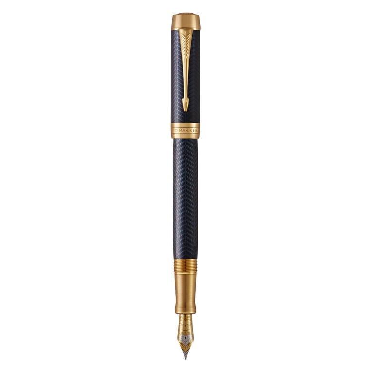 خودنویس Paker Duofold Prestige مدل Blue Chevron با طراحی طلایی، نوک ظریف، جوهر مشکی