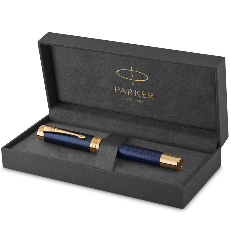 خودنویس Paker Duofold Prestige مدل Blue Chevron با طراحی طلایی، نوک ظریف، جوهر مشکی