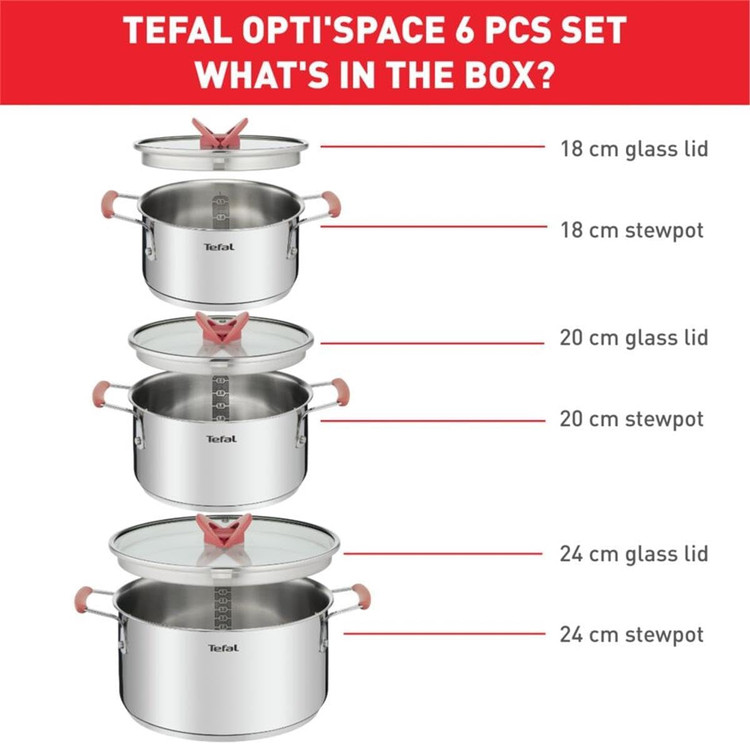 سرویس قابلمه استیل ۶ پارچه (۳ تکه) برند تفال فرانسه مدل OptiSpace