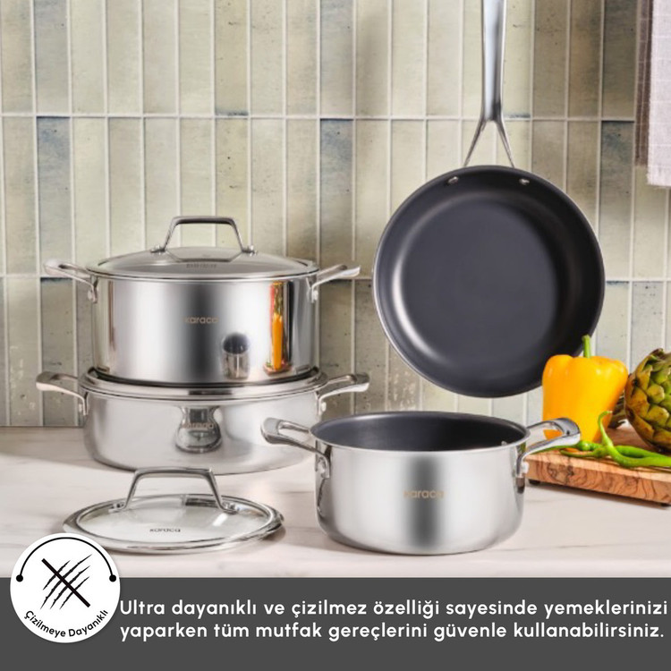 سرویس قابلمه ۷ پارچه استیل کاراجا مدل Plasma Steel با کف سهلایه مناسب برای اجاق القایی