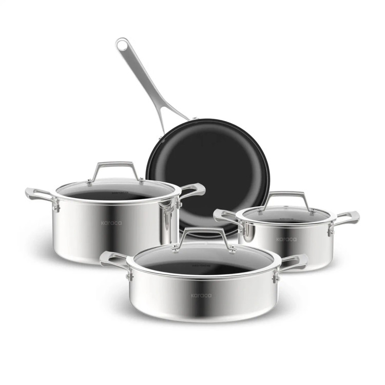 سرویس قابلمه ۷ پارچه استیل کاراجا مدل Plasma Steel با کف سهلایه مناسب برای اجاق القایی