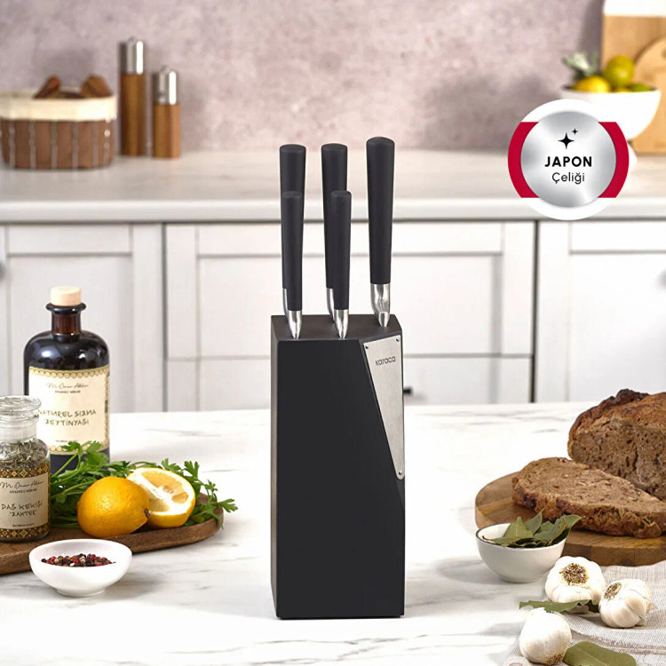ست چاقوی ۶ پارچه کاراجا مدل Samuray Thor New از استیل ژاپنی با پایه چوبی