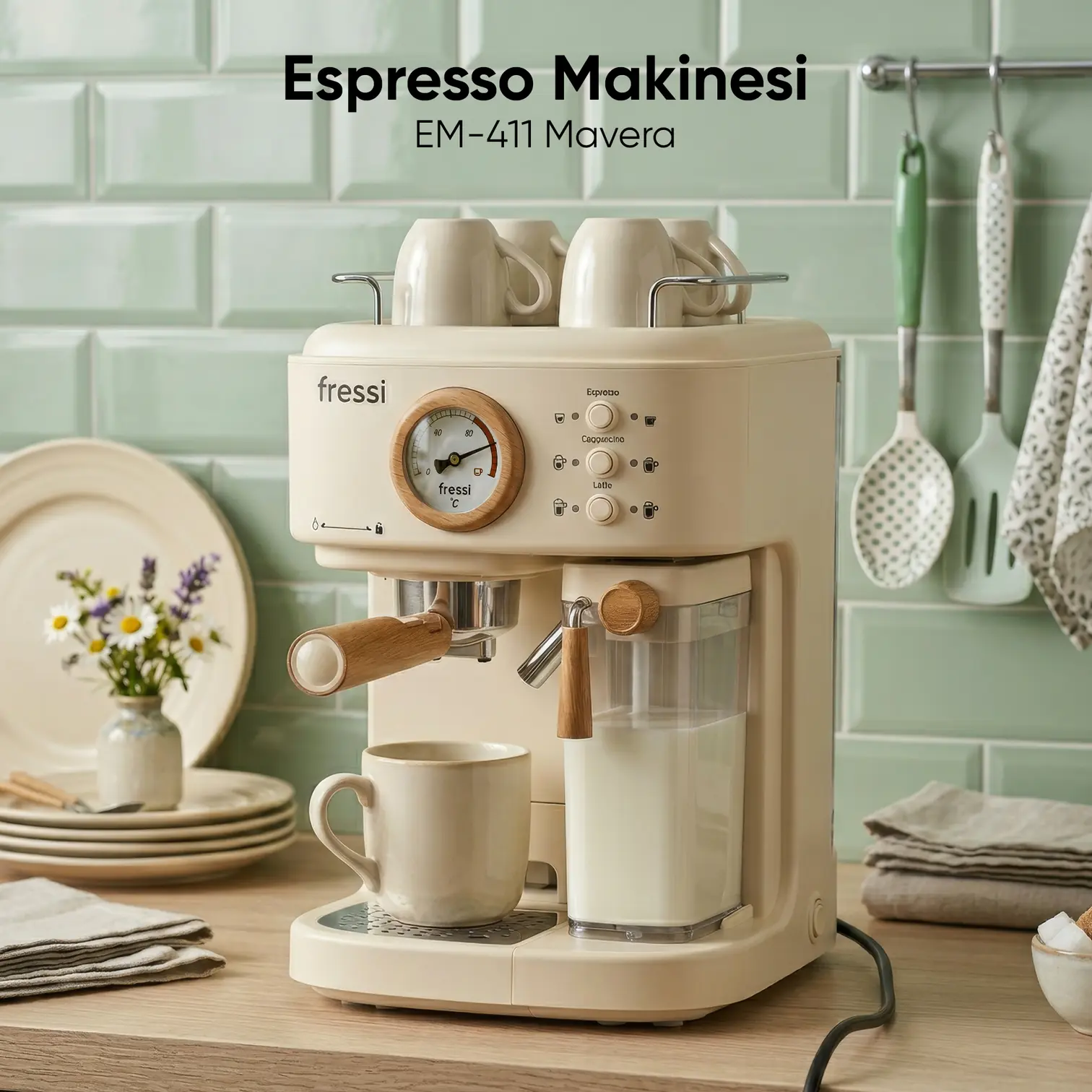 اسپرسوساز نیمه اتوماتیک برند Fressi ترکیه مدل EM-411 Retro با طراحی چوبی