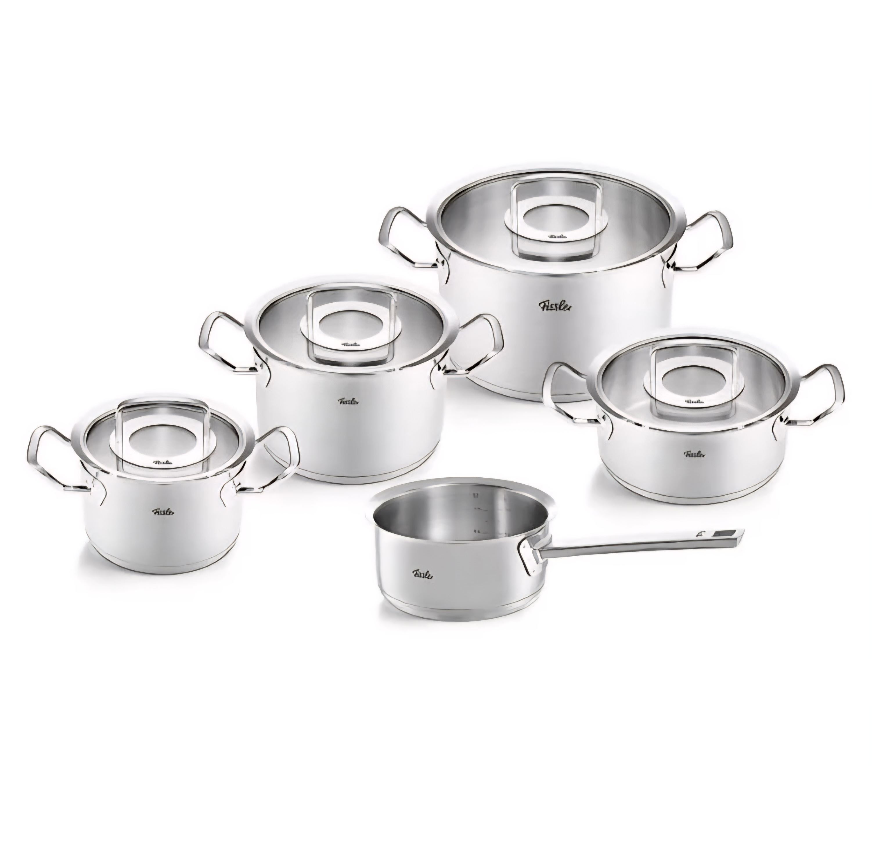 سرویس قابلمه استیل ۹ پارچه Fissler آلمان مدل Original Profi شیرجوش دار درب شیشه‌ای