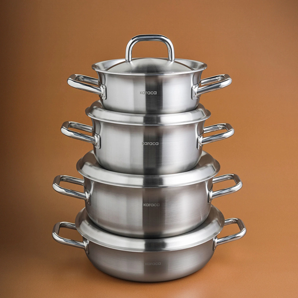 سرویس قابلمه استیل ۸ پارچه Karaca ترکیه مدل Power Steel 316+ 3Ply Spirit با کف القایی