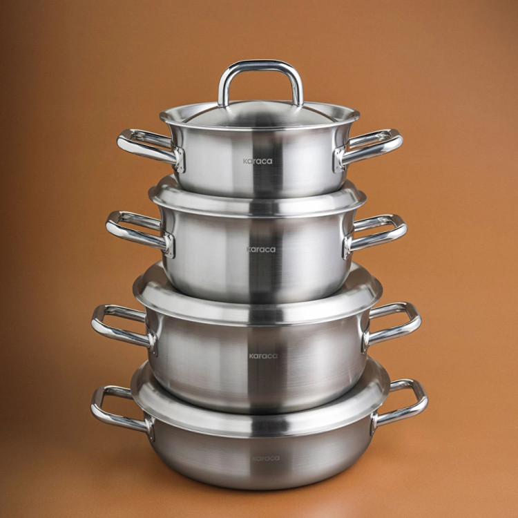 سرویس قابلمه استیل ۸ پارچه Karaca ترکیه مدل Power Steel 316+ 3Ply Spirit با کف القایی