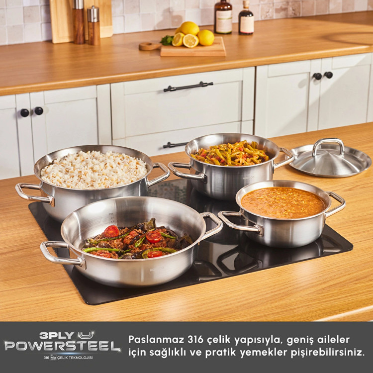 سرویس قابلمه استیل ۸ پارچه Karaca ترکیه مدل Power Steel 316+ 3Ply Spirit با کف القایی