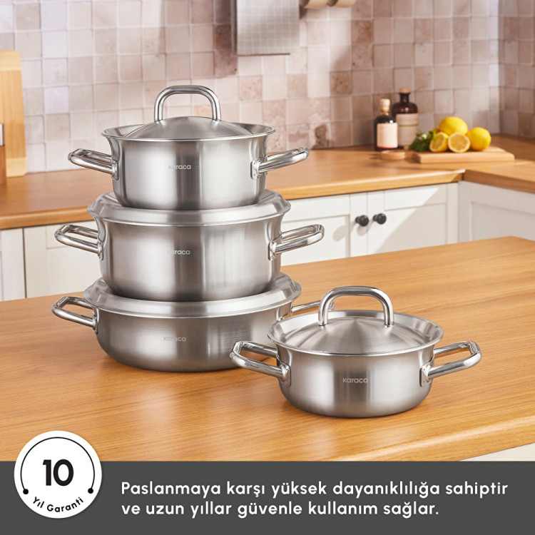 سرویس قابلمه استیل ۸ پارچه Karaca ترکیه مدل Power Steel 316+ 3Ply Spirit با کف القایی