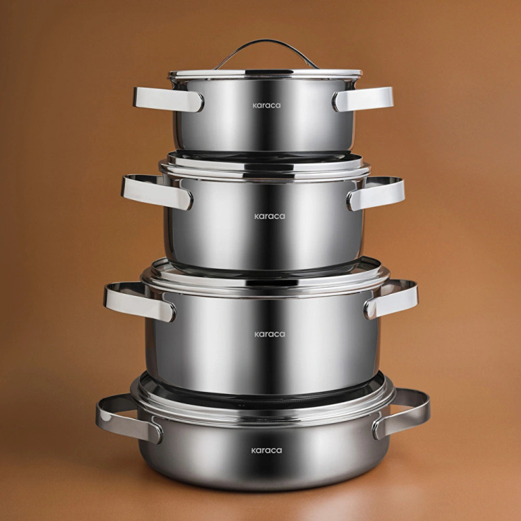سرویس قابلمه استیل ۸ پارچه Karaca ترکیه مدل Power Steel 316+ 3Ply Discovery با کف القایی