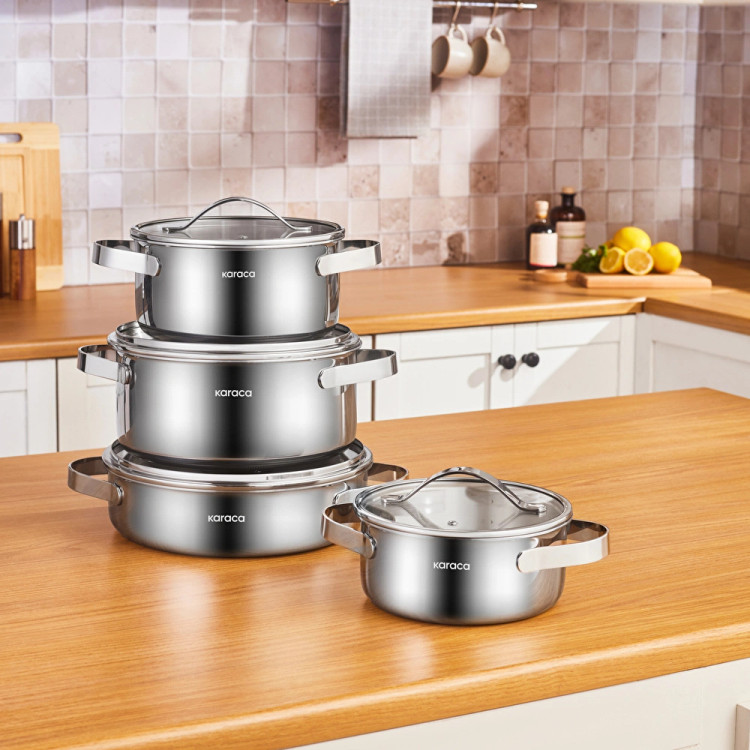سرویس قابلمه استیل ۸ پارچه Karaca ترکیه مدل Power Steel 316+ 3Ply Discovery با کف القایی