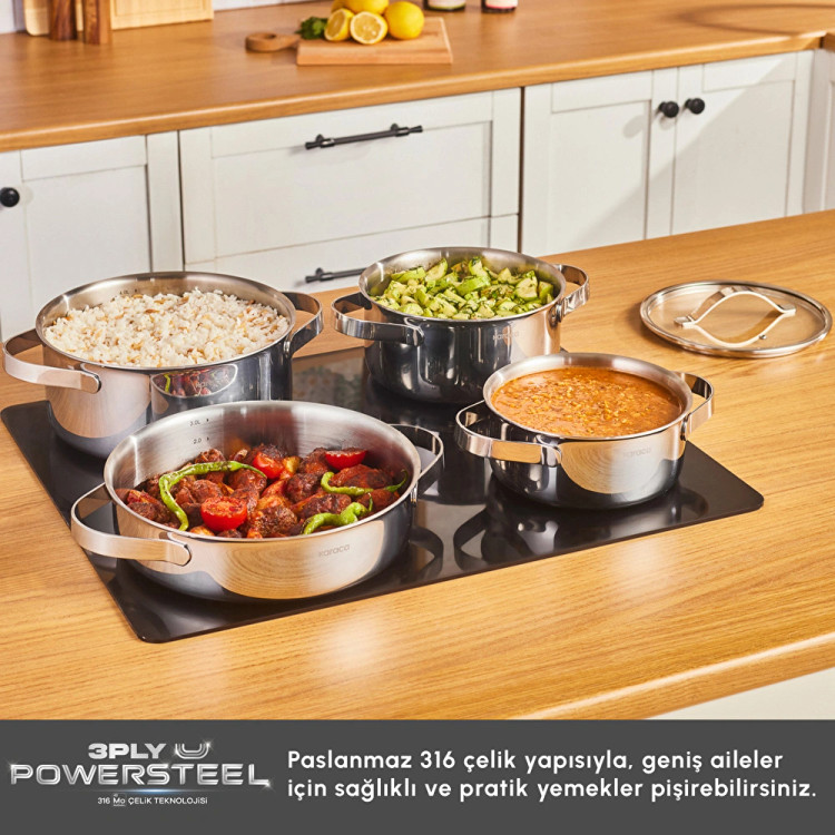 سرویس قابلمه استیل ۸ پارچه Karaca ترکیه مدل Power Steel 316+ 3Ply Discovery با کف القایی
