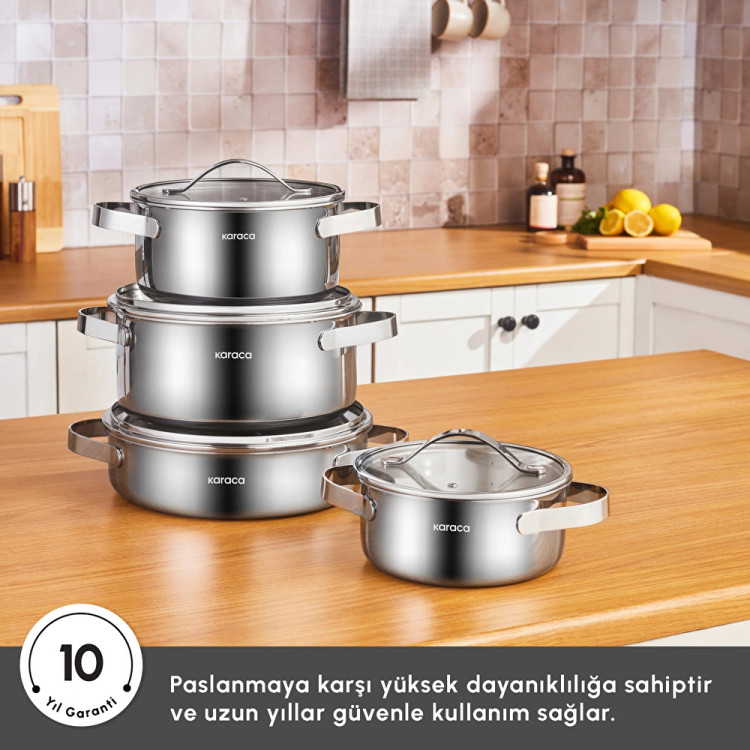سرویس قابلمه استیل ۸ پارچه Karaca ترکیه مدل Power Steel 316+ 3Ply Discovery با کف القایی