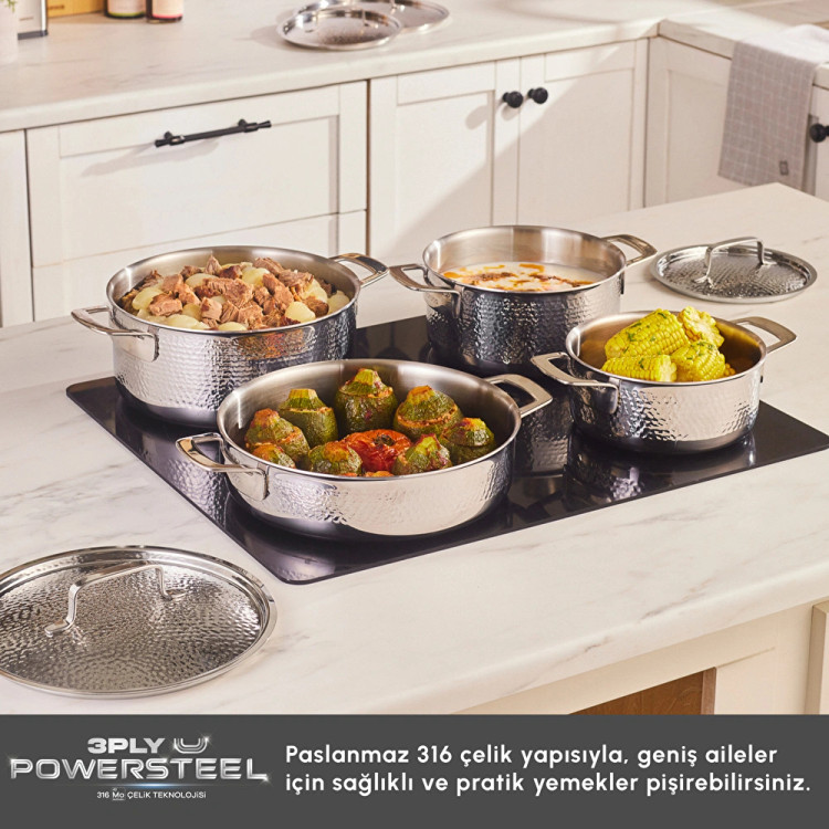 سرویس قابلمه استیل ۸ پارچه Karaca ترکیه مدل Power Steel 316+ 3Ply Voyager با کف القایی