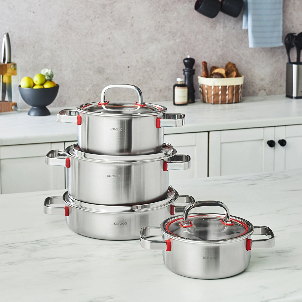 سرویس قابلمه استیل ۸ پارچه Karaca ترکیه مدل Powersteel 316+ 3Ply Artemis با کف القایی