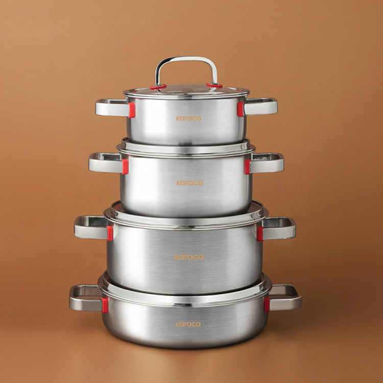 سرویس قابلمه استیل ۸ پارچه Karaca ترکیه مدل Powersteel 316+ 3Ply Artemis با کف القایی