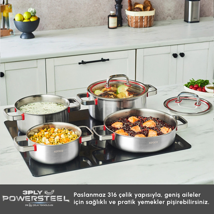 سرویس قابلمه استیل ۸ پارچه Karaca ترکیه مدل Powersteel 316+ 3Ply Artemis با کف القایی