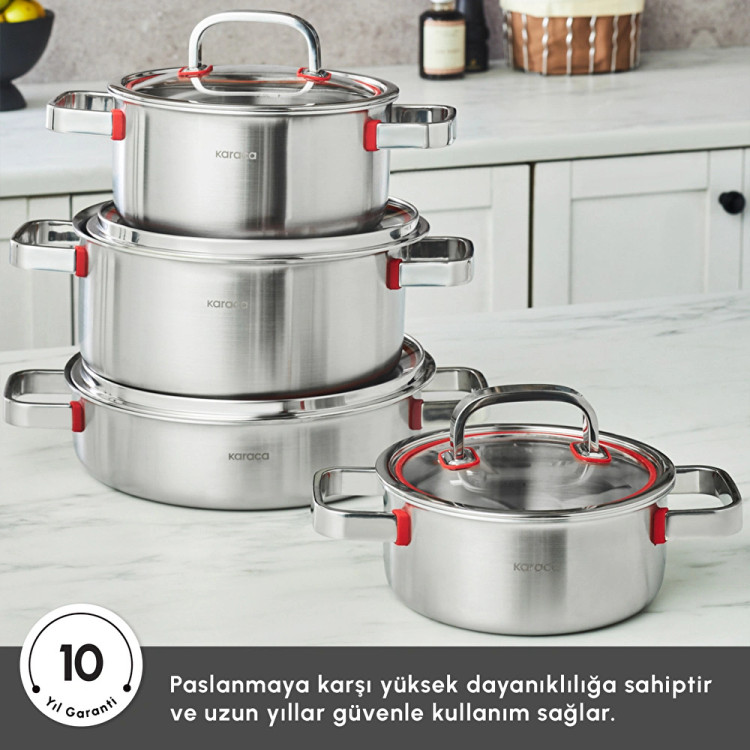 سرویس قابلمه استیل ۸ پارچه Karaca ترکیه مدل Powersteel 316+ 3Ply Artemis با کف القایی